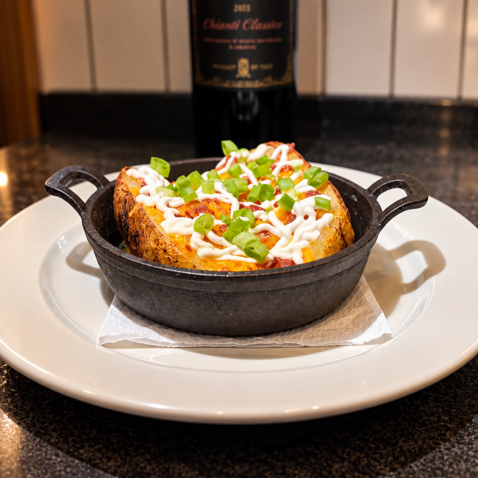 Loaded baked potato topped with melted cheese, bacon, creamy sauce, and green onions in a cast-iron serving dish.