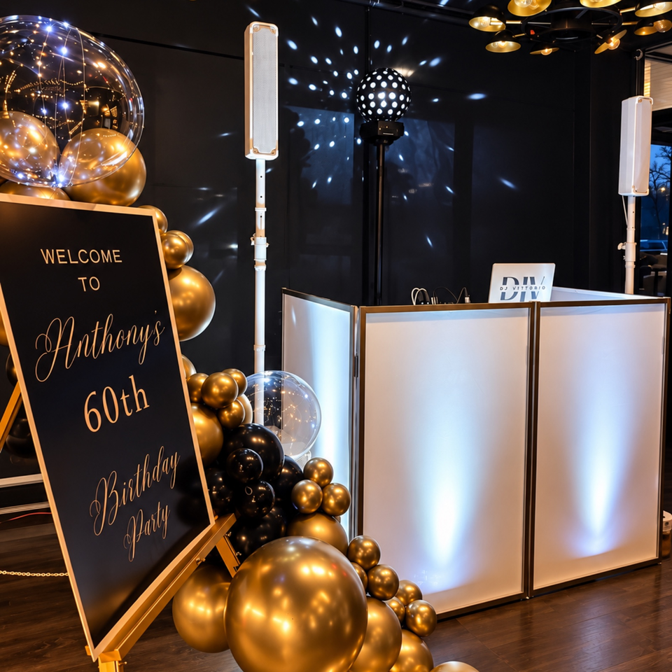 Elegant restaurant reception decorated with black and gold balloons, a birthday welcome sign, DJ booth, and glowing lighting.