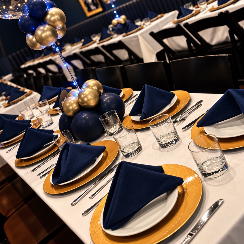 Elegant banquet table set with gold chargers, white plates, navy napkins, glassware, and navy-gold balloon centerpieces.