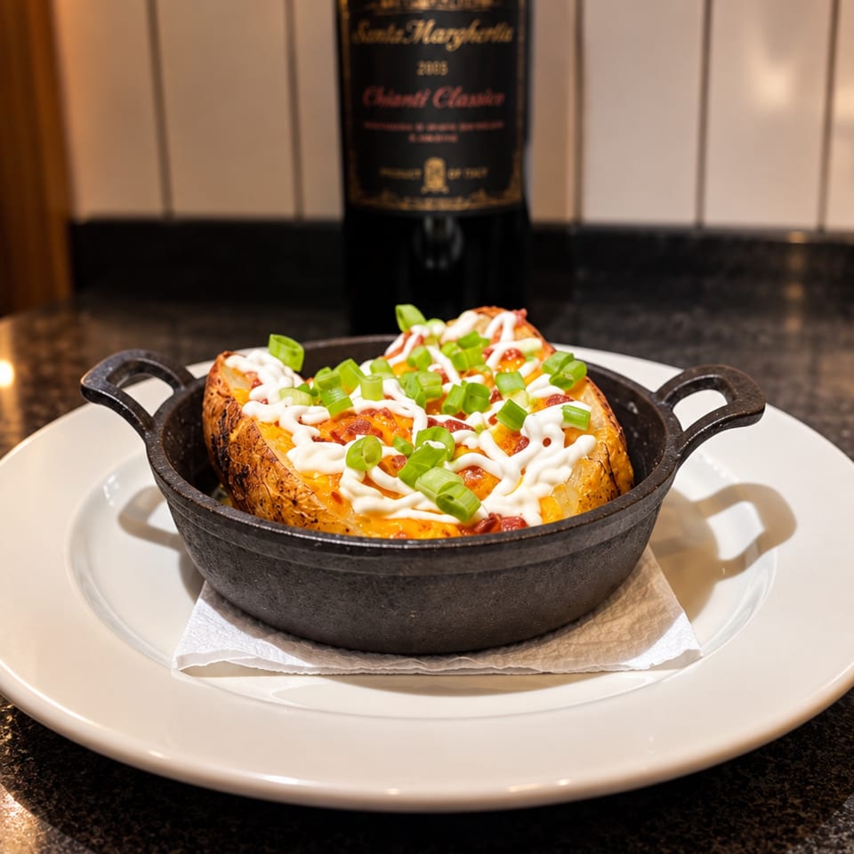 Loaded baked potatoes topped with melted cheese, sauce, and green onions, served in a black cast-iron skillet on a white plate.