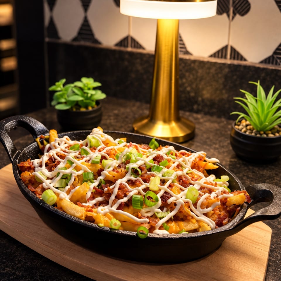 Loaded skillet of fries topped with cheese, bacon, green onions, and creamy sauce, presented on a wooden board in a warmly lit restaurant.